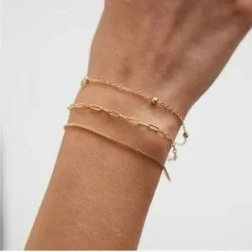 GOLD 14k Gold Plated 3pc Paperclip Beaded Bracelet Set